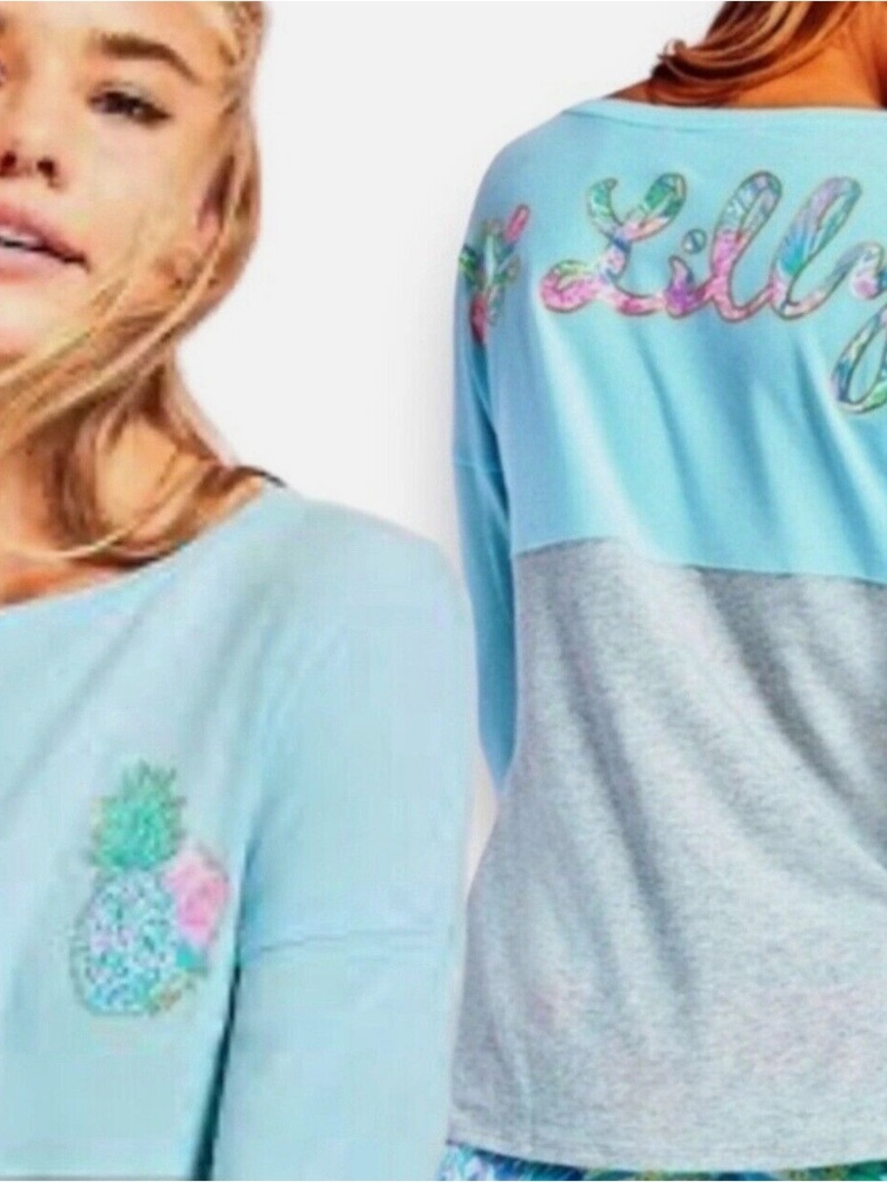 Lilly Pulitzer Finn Top Long Sleeve Cotton Blend Pineapple Graphic Sz Small